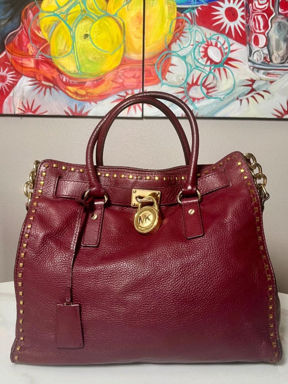 Michael Kors Hamilton Large Whipstitch Bordeaux Leather Tote
